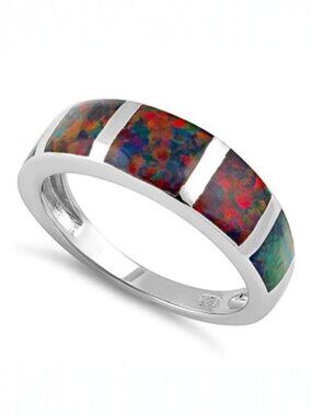 925 STERLING SILVER 5 Bar Lab Created Black Opal Band Ring